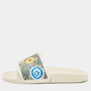 Gucci Cream/Brown GG Supreme Canvas Blooms Flat Slides Size 37