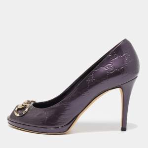 Pre Owned Gucci Purple Patent Leather Jolene Peep Toe Pumps Size 39