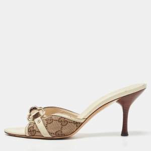 Gucci Beige/Off White GG Canvas and Leather Horsebit Slide Sandals Size 37.5