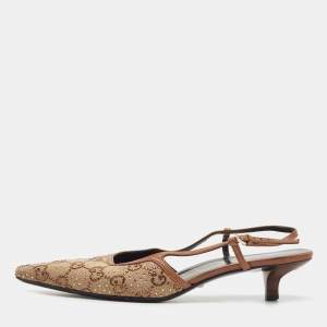 Pre Owned Gucci Beige/Brown Crystal Embellished GG Canvas Slingback Pumps Size 39