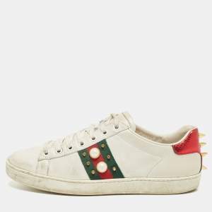 Gucci White Leather Pearl Embellished and Spiked Ace Sneakers Size 38