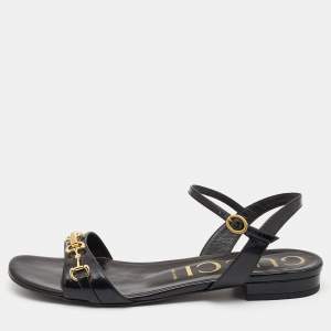 Gucci Black Patent Leather Ankle Strap Flat Sandals Size 40