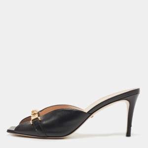 Gucci Black Leather Sylvie Chain Slide Sandals Size 39.5