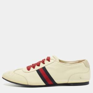 Gucci Cream Patent Leather Web Lace Up Sneakers Size 35