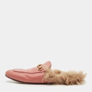 Gucci Pink Leather and Fur Princetown Mules Size 39