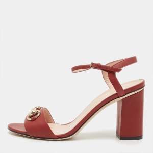 Gucci Red Leather Horsebit Block Heel Ankle Strap Sandals Size 37.5