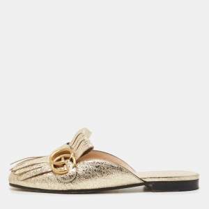 Gucci Gold Foil Leather GG Marmont Fringe Detail Flat Mules Size 36