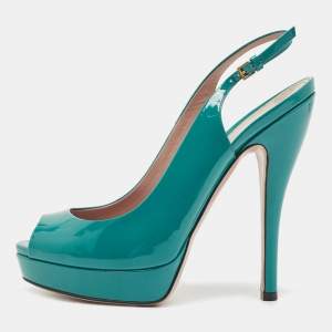 Pre Owned Gucci Teal Patent Leather Peep Toe Platform Slingback Pumps Size 37