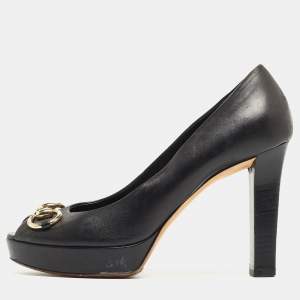 Pre Owned Gucci Black Leather Horsebit Peep Toe Pumps Size 39  