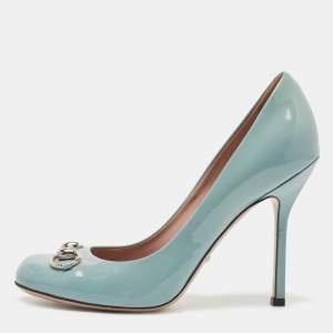 Gucci Blue Patent Leather Jolene Horsebit Pumps Size 39