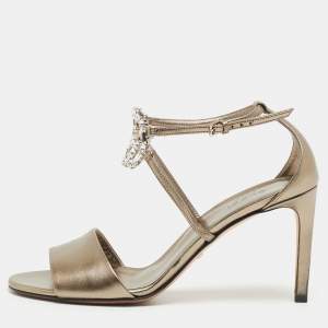 Gucci Metallic Grey Leather Crystal Embellished Ankle Strap Sandals Size 39