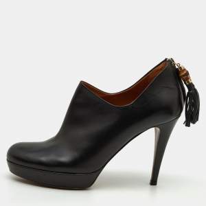 Pre Owned Gucci Black Leather Bamboo Tassel Betty Ankle Booties Size 40