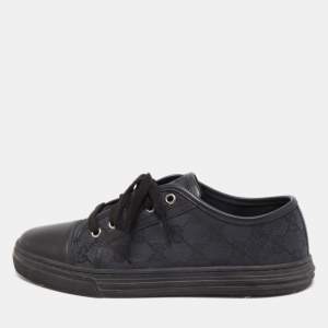 Gucci Black Leather and GG Canvas Cap Toe Low Top Sneakers Size 37.5