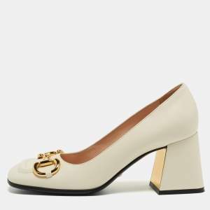 Gucci Off White Leather Horsebit Loafer Pumps Size 36