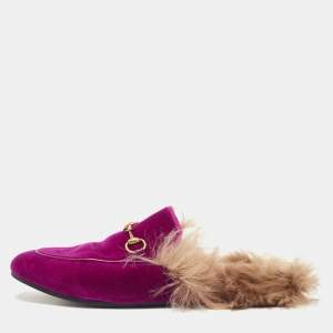 Gucci Purple Velvet and Fur Lined Princetown Flat Mules Size 39.5