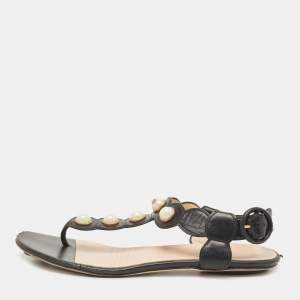 Gucci Black Leather Faux Pearl Willow Flat Sandals Size 35