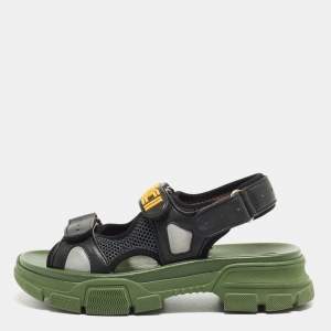 Gucci Black/Green Leather and Mesh Sega Velcro Slingback Sandals Size 38.5