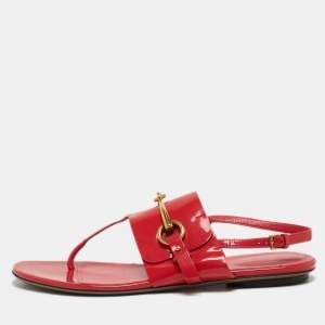 Gucci Red Patent Leather Slingback Flat Sandals Size 38