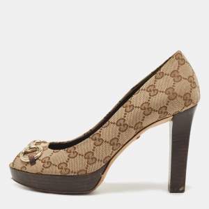 Pre Owned Gucci Brown GG Canvas Horsebit Peep Platform Pumps Size 38.5