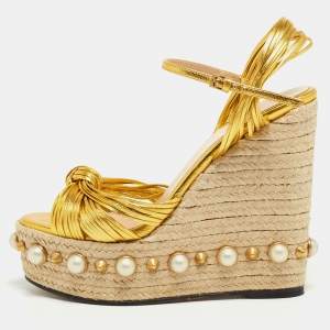 Gucci Gold Leather Strappy Knotted Pearl Embellished Wedge Espadrille Ankle Strap Sandals Size 36.5