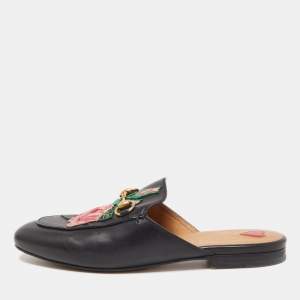 Gucci Black Floral Embroidered Leather Princetown Mules Size 36.5