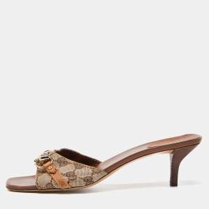 Gucci Beige/Brown GG Canvas and Leather Horsebit Slide Sandals Size 39.5