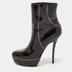Pre Owned Gucci Black Patent Leather Zip Detail Platform Ankle Boots Size 38.5