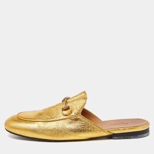 Gucci Gold Leather Princetown Horsebit Flat Mules Size 38.5