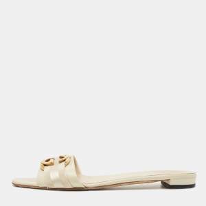 Pre Owned Gucci Cream Leather Interlocking G Flat Slides Size 40.5