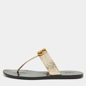 Gucci Gold Foil Leather GG Thong Flats Size 37