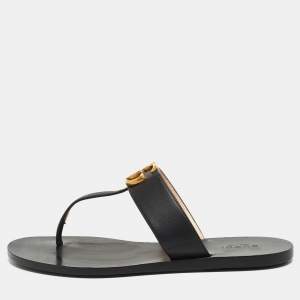 Pre Owned Gucci Black Leather GG Thong Flats Size 37