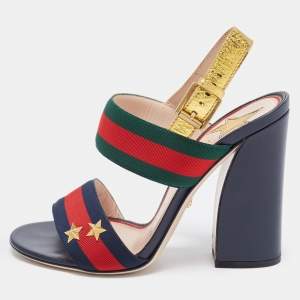 Gucci Gold Leather and Canvas Web Slingback Sandals Size 36