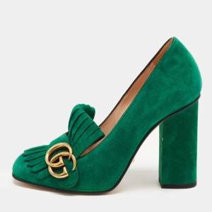 Pre Owned Gucci Green Suede GG Marmont Fringe Pumps Size 36.5