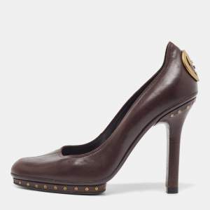 Pre Owned Gucci Brown Leather Interlocking G Studded Platform Pumps Size 42
