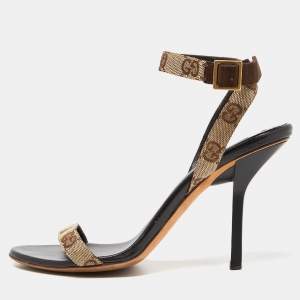 Gucci Brown/Beige GG Canvas Ankle Strap Sandals Size 37