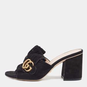 Gucci Black Suede GG Marmont Fringe Detail Block Heel Sandals Size 36