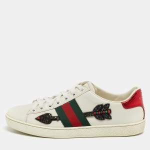 Gucci White Leather Embellished Ace Low Top Sneakers Size 36