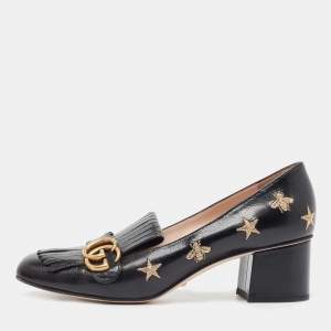 Gucci Black Leather Star and Bee Embroidered GG Marmont Fringe Loafer Pumps Size 40.5