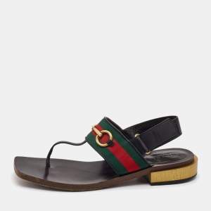 Gucci Black Leather Web Slingback Sandals Size 37.5
