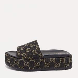 Pre Owned Gucci Black/Beige GG Canvas Platform Flat Slides Size 36