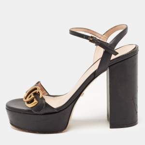 Gucci Black Leather GG Marmont Ankle Strap Sandals Size 36.5