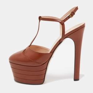 Pre Owned Gucci Brown Leather Angel Platform Pumps Size 40