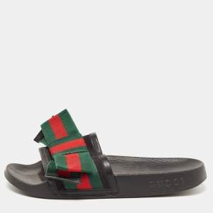 Pre Owned Gucci Black Fabric And Leather Web Detail Bow Slide Sandals Size 36
