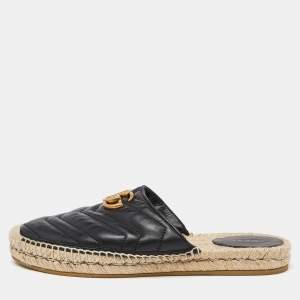 Gucci Black Matelasse Leather GG Marmont Espadrille Mules Size 39