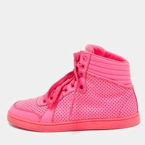 Gucci Neon Pink Perforated Leather Coda High Top Sneakers Size 35.5