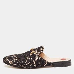 Gucci Black/Beige Lace and Leather Princetown Flat Mules Size 37