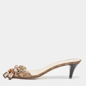 Gucci Brown/Beige GG Canvas Bamboo Tassel Horsebit Slide Sandals Size 38