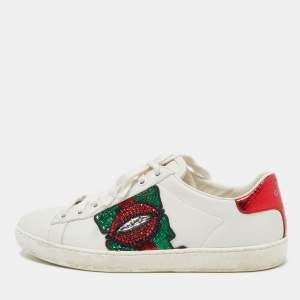 Gucci White Leather Sequins and Crystal Embellished Lips Ace Sneakers Size 36