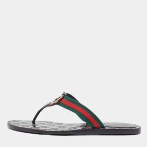 Pre Owned Gucci Tricolor Leather and Canvas Web Interlocking G Thong Flats Size 37