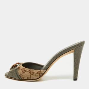 Gucci Grey/Beige Canvas and Leather Slide Sandals Size 39